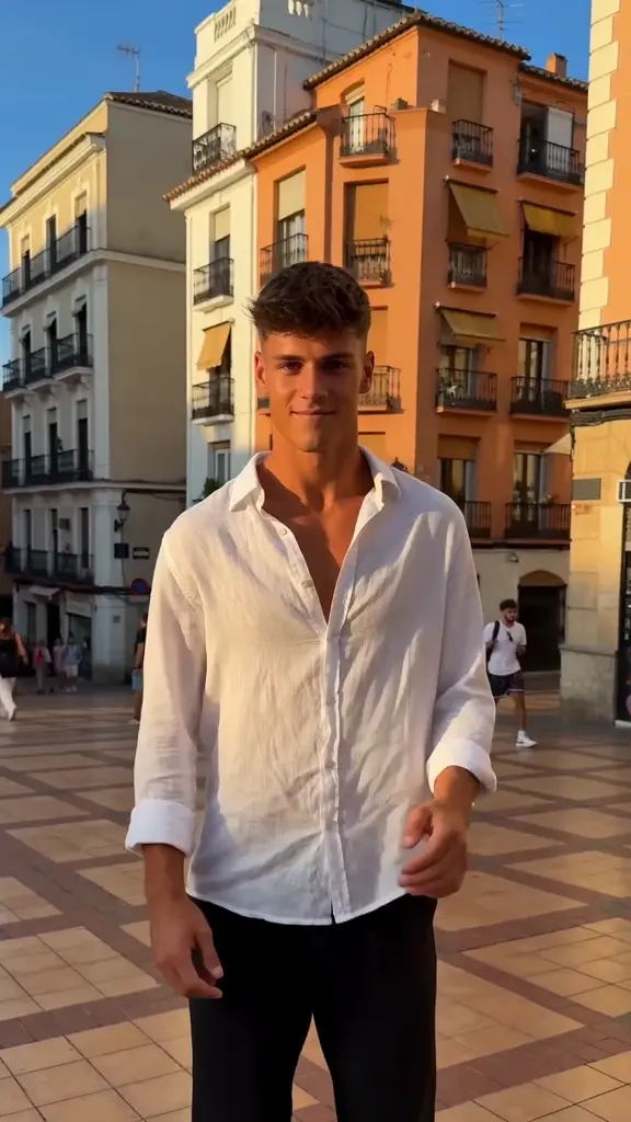 Plaza Shoulder Groove: A relaxed solo in a sunny plaza, with shoulder rolls, small steps and a smile toward the camera.